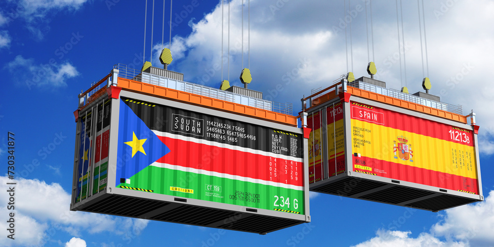 Shipping containers with flags of South Sudan and Spain - 3D illustration