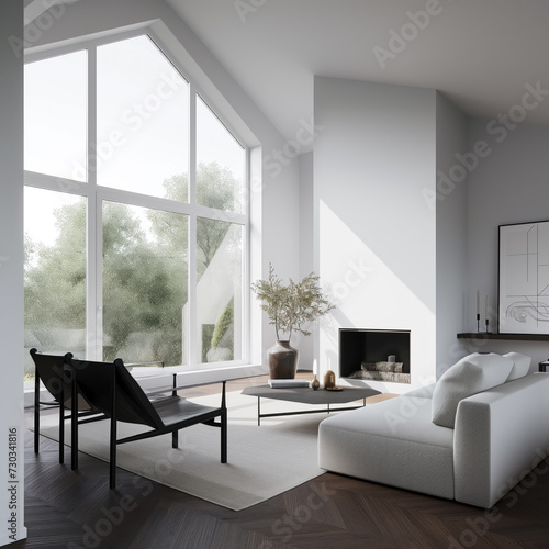 Interior design of modern apartment with white sofa  fireplace and table with decor. Interior mockup. Scandinavian interior design. Generative AI