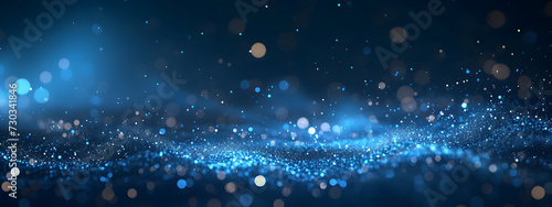 A dark blue abstract background featuring a glow particle effect. The image includes abstract blue lights and star particles  forming a captivating scene with dots on a dark background.