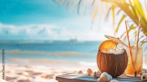 Coconut cocktail with ice on the beach. Summer vacation concept. AI.