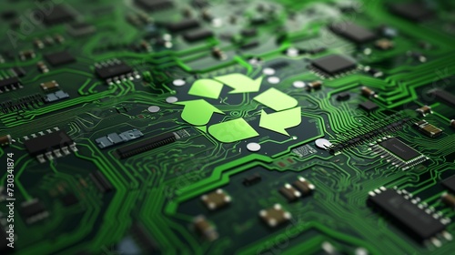 Green Recycling Symbol on Circuit Board. 3d Rendering. AI.
