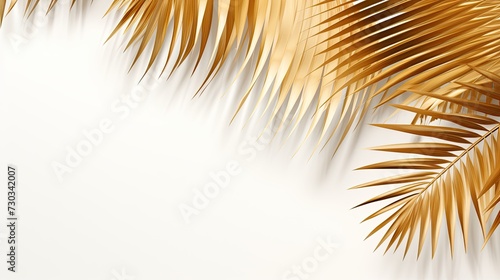 Golden tropical palms leaf shadow on a white background copy space