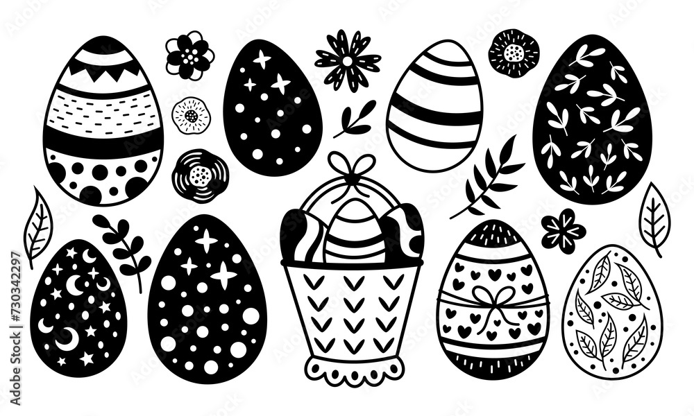 Black and white Easter eggs clipart. Happy Easter clip art in cartoon flat style, perfect for scrapbooking, stickers, tags, greeting cards, party invitations, decor. Vector illustration. Black and white Easter eggs clipart. Happy Easter clip art in cartoon flat style, perfect for scrapbooking, stickers, tags, greeting cards, party invitations, decor. Vector illustration.