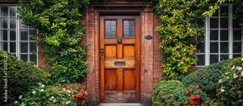 Wooden front door with floral and bush surroundings