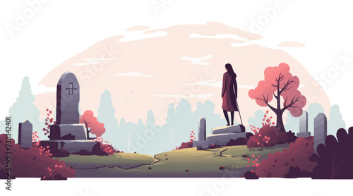 woman near tomstone grave vector flat isolated illustration