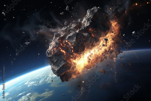 Astronomical Meteors hit earth. Hit explosion globe. Generate Ai