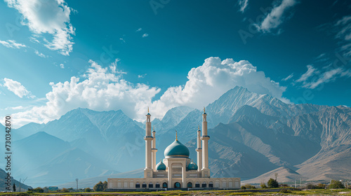 Image of a magnificent mosque located at a height, with a backdrop of towering mountain peaks, Ai Generated Images