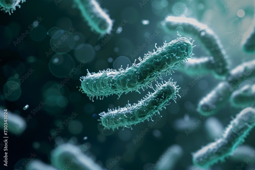 Fototapeta premium Group of bacteria on blue background. Bacterial infections. Medical science and research concept. 3D render, illustration. Microscope view