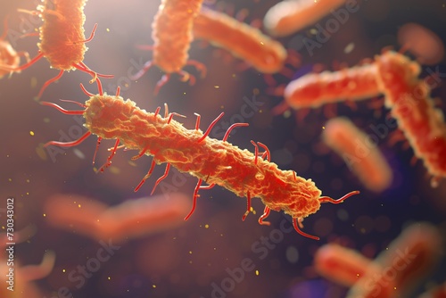 Orange bacteria on blue background. Bacterial infections. Medical science and research concept. 3D render, illustration. Microscope view