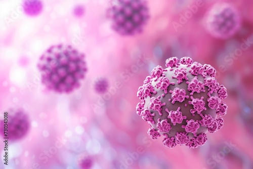 Papillomavirus on pink skin background. Medical science and research concept. 3D render, illustration. Microscope view