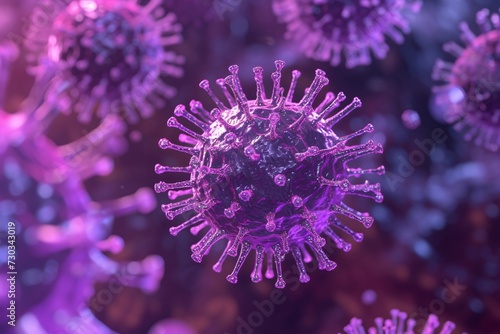Group of herpes viruses on purple background. Herpes simplex. Medical science and research concept. 3D render, illustration. Microscope view photo