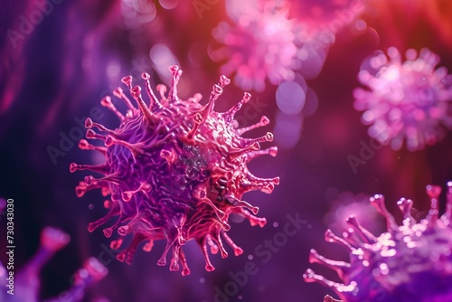 Group of herpes viruses on purple background. Herpes simplex. Medical science and research concept. 3D render, illustration. Microscope view photo