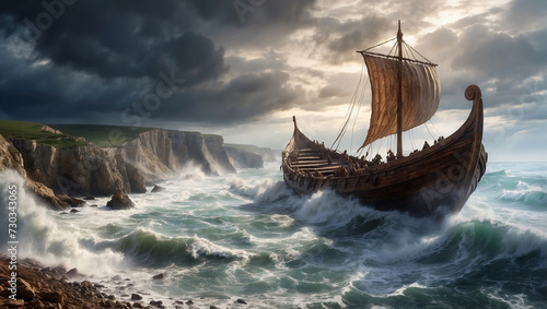 Vikings land on the Jurassic Coast in ancient times. photo