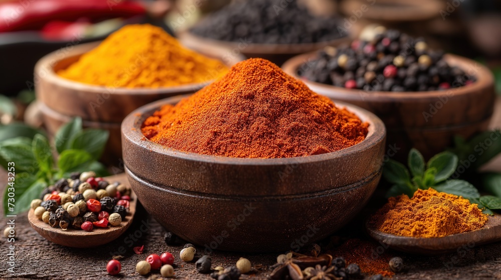 Rack with traditional indian spices for cooking - cardamom, turmeric, cumin, coriander seeds, cinnamon and chili Rack with traditional indian spices for cooking - cardamom, turmeric, cumin, coriander seeds, cinnamon and chili