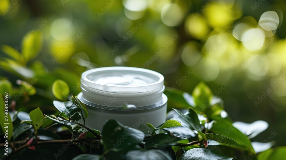 A jar of natural cosmetic face or body cream on a green leaf with drops of water. Natural, bio cosmetics from herbs and plants for skin A jar of natural cosmetic face or body cream on a green leaf with drops of water. Natural, bio cosmetics from herbs and plants for skin