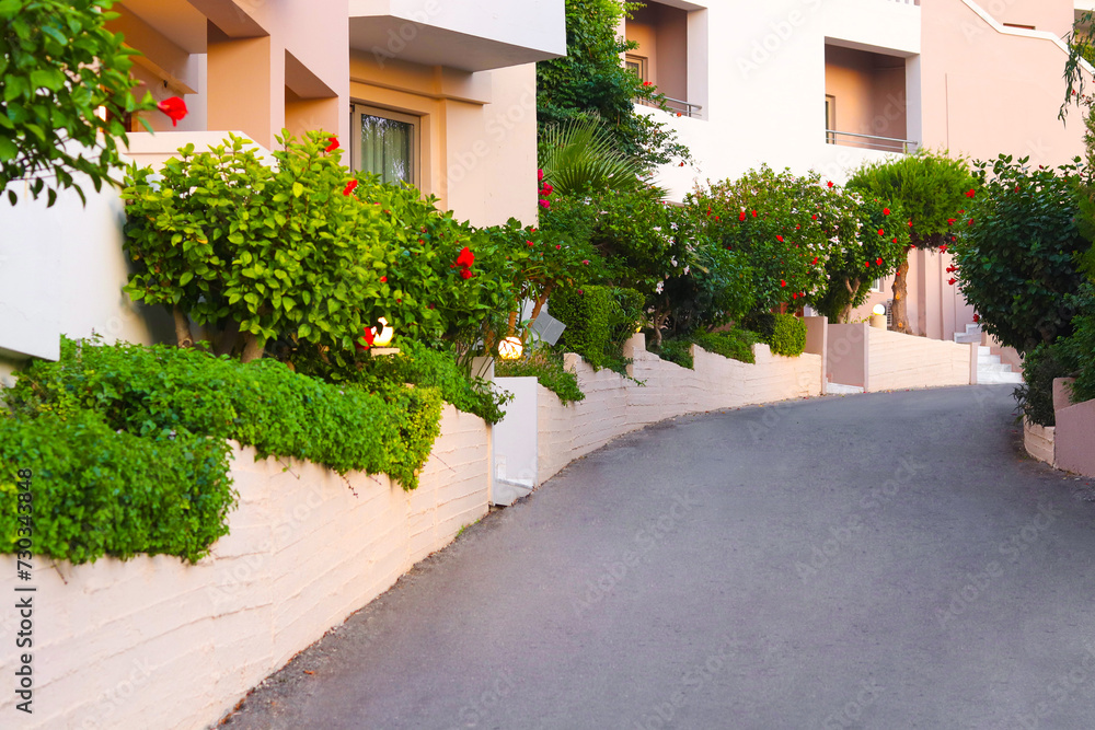 Fototapeta premium A beautiful view of the territory of the hotel in Greece. Athina palace resort and spa hotel, Mades, Agia Pelagia, Crete.