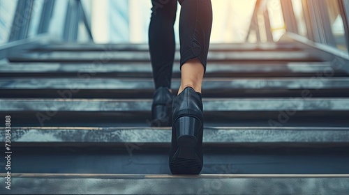 Urban hustle: Closeup of businesswoman's legs hurrying up stairs in the city, morning rush