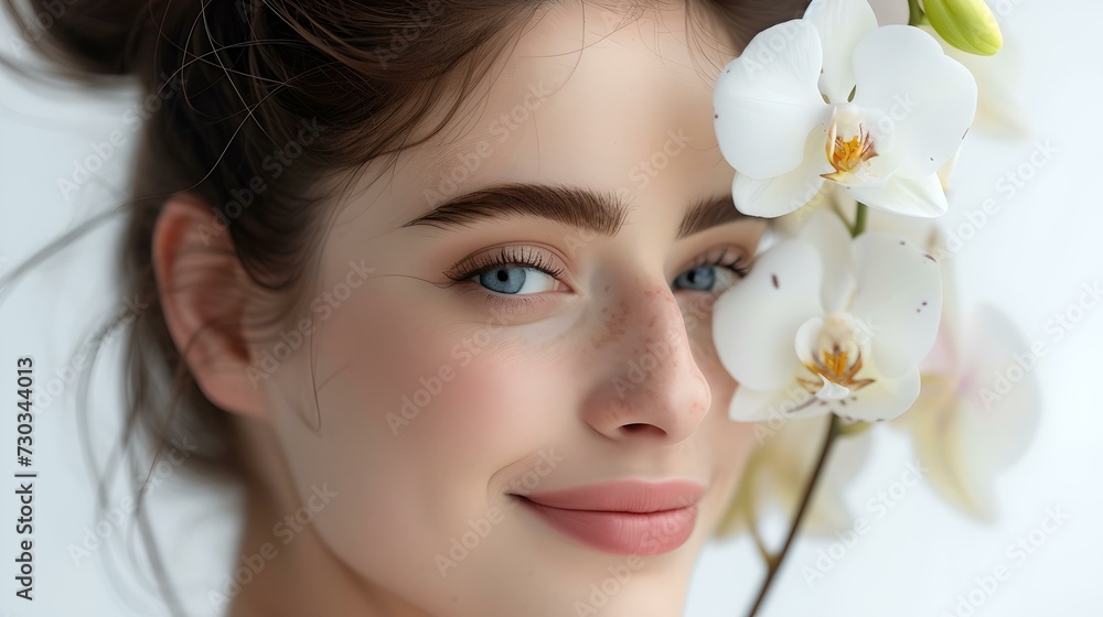 Serene beauty portrait with delicate orchid. close-up of woman's smiling face. elegance, purity, skincare concept photo. AI Serene beauty portrait with delicate orchid. close-up of woman's smiling face. elegance, purity, skincare concept photo. AI
