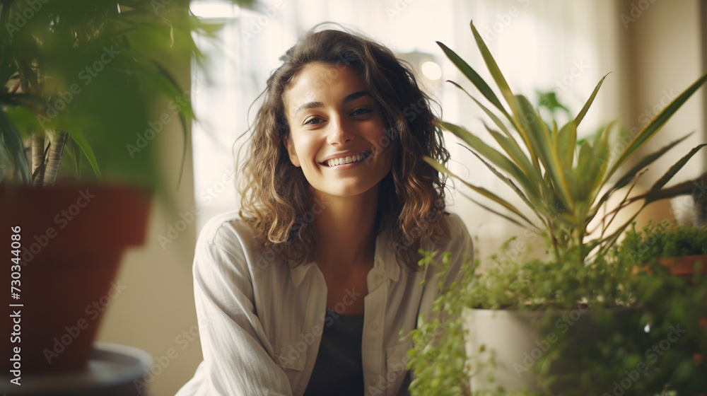 Woman gardener among houseplants. Indoor gardening Woman gardener among houseplants. Indoor gardening