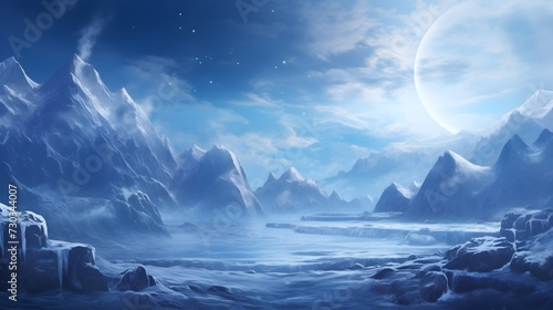 Fantastic winter epic landscape of mountains frozen nature mystic valley gaming rpg background,, Epic Winter Landscape with Frozen Mountains 