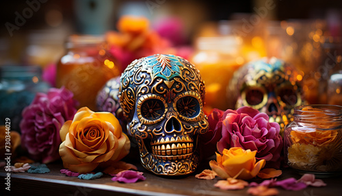 Day of the Dead celebration  colorful decorations, spooky skulls, vibrant flowers generated by AI