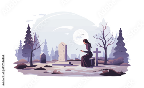 woman near tomstone grave vector flat isolated illustration photo