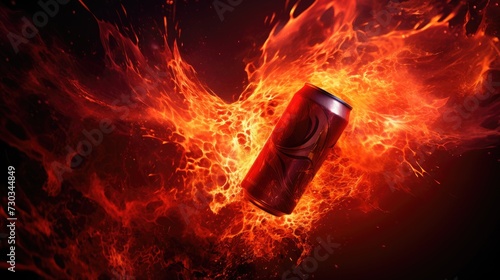 A powerful portrayal of an energy drink can in the midst of a dynamic explosion, fiery energy radiating outward