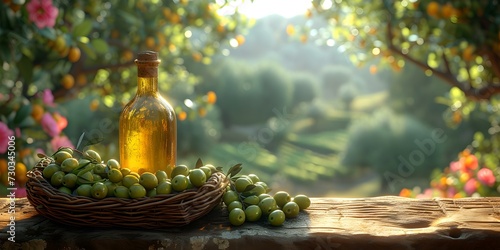 Serene olive grove with ripe olives and olive oil bottle. nature's bounty displayed on a rustic wooden table. perfect for culinary and lifestyle themes. AI