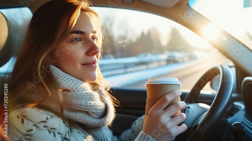 On-the-go lifestyle: Asian woman drinks coffee in the car while driving on the highway