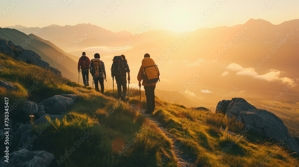 A Group of People Hiking up a Hill at Sunset - obrazy, fototapety, plakaty 