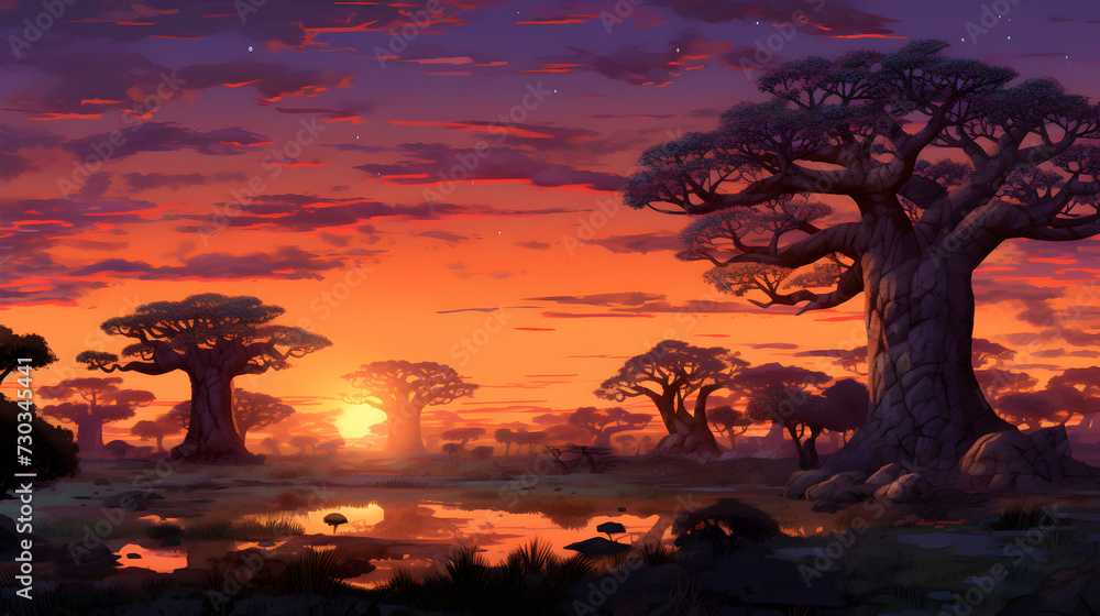 sunset in the serengeti country,,
The Trees in the Forest Cartoon illustration
