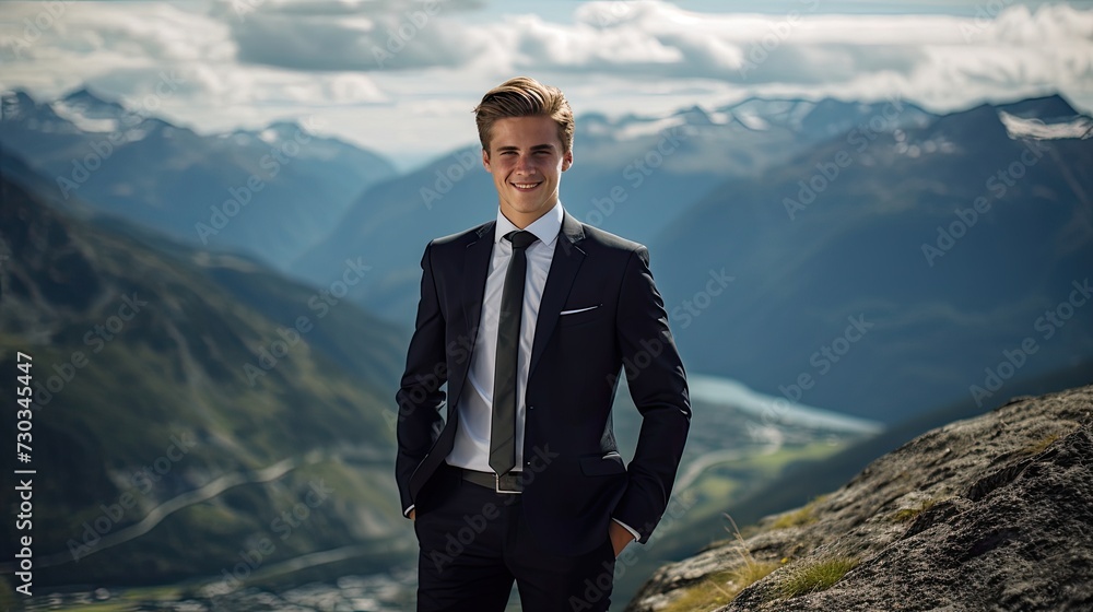 smiling young executive, standing at the top of the mountain