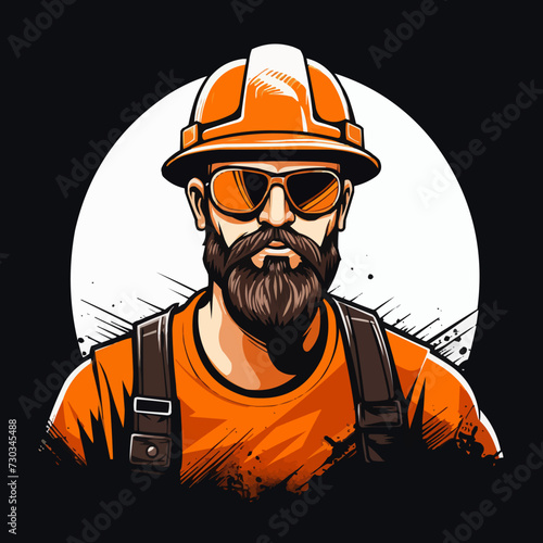 Contractor construction builder worker wearing a hard hat and sunglasses logo design illustration vector