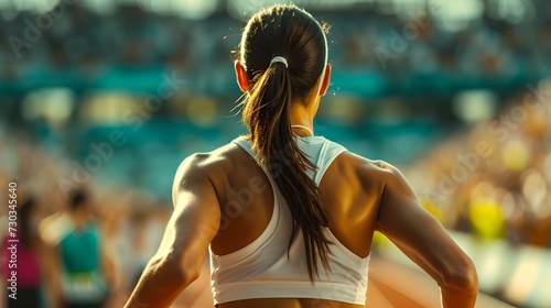 Rear view of a female athlete ready to race on a track. competitive spirit and focus. sports and determination concept in sunlight. AI