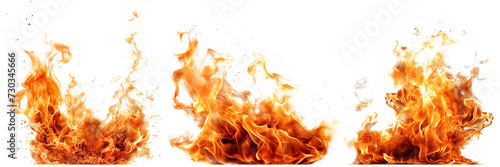 Set of different flames isolated on transparent background. The fire spreads across the ground. Cozy fire in the forest with family. Design element for insert.