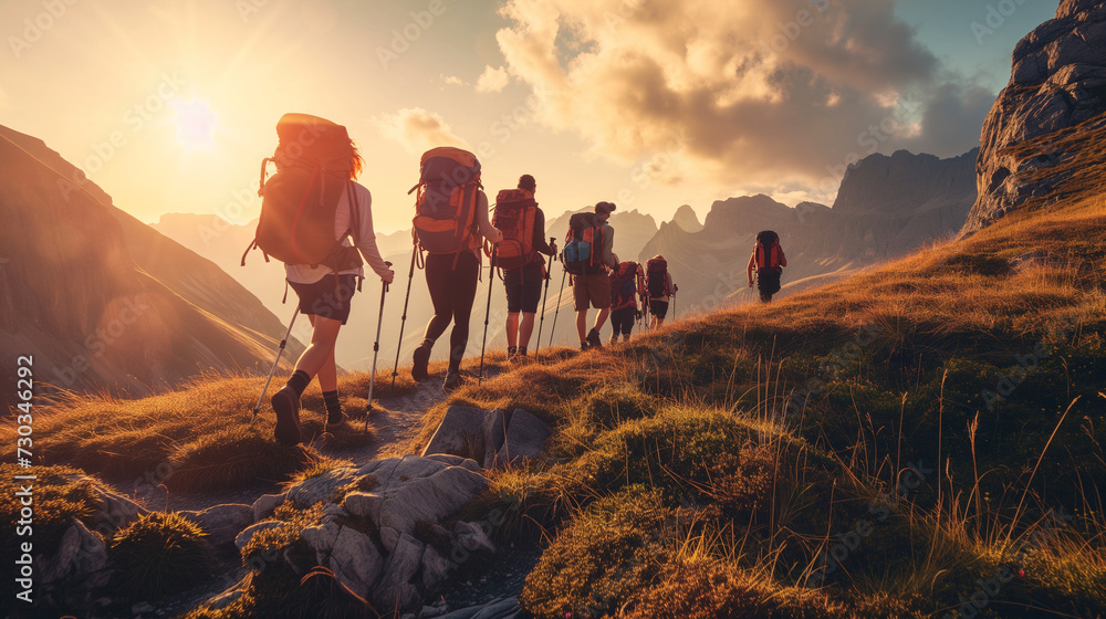 A Group of People Hiking up a Hill at Sunset - obrazy, fototapety, plakaty 