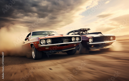 Muscle car motor race drifting in dusk. Generative AI