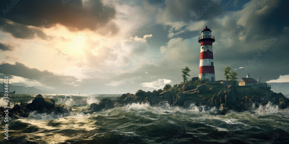Lighthouse In Stormy Landscape - Leader And Vision Concept