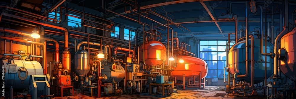 Vibrant chemical plant interior illuminated with a spectrum of blue and orange lights