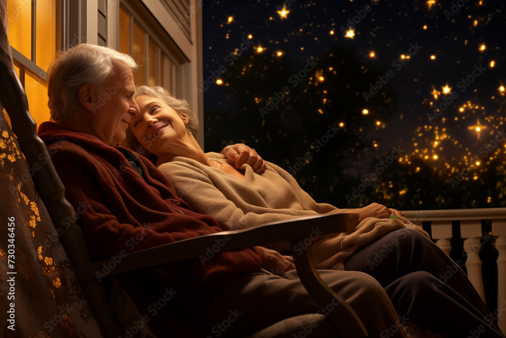 Mature couple enjoying quiet evening on their porch swing. Generative AI Mature couple enjoying quiet evening on their porch swing. Generative AI