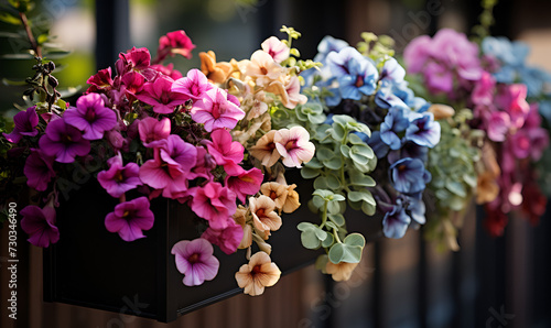 Multicolored flowers of petunias in late springhare group of Petunia axillaries light pink and purple flowers in a pot with blurred background in a garden in a sunny spring day. photo