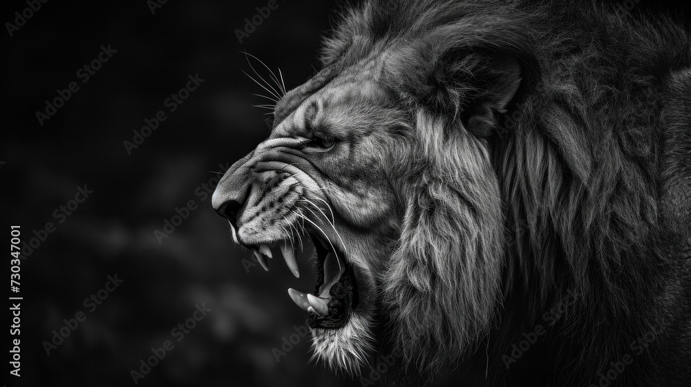 Majestic lion roaring in monochrome tone. Wildlife and nature.