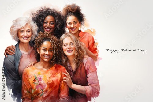 Cheerful multigenerational family portrait in watercolor style, happy women's day greeting card concept