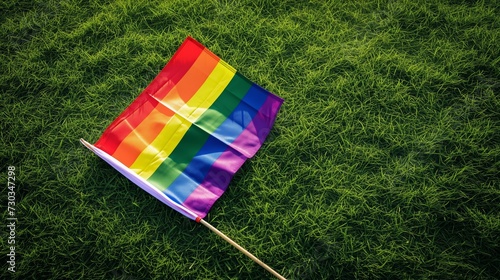 Rainbow flags on grass background. LGBT gay pride colors photo