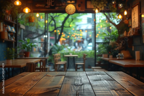 Blurred image of cafe interior with wooden table in front.