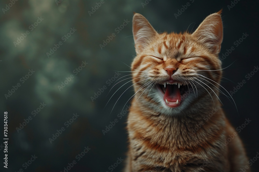 Spectacularly happy cat, fur colored brightly. Pretty background, spectacularly cuzy and cute.