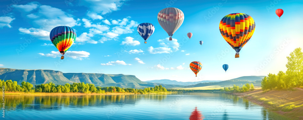 Fototapeta premium Beautiful wallpaper with hot air balloons on a blue sky, river and forest landscape background. Great mood and travel concept. AI generated illustration.
