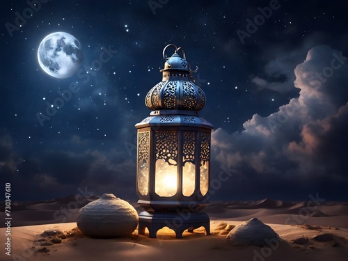 Arabic lanterns on desert  Night Moon and clouds ramadhan background  quiet atmosphere