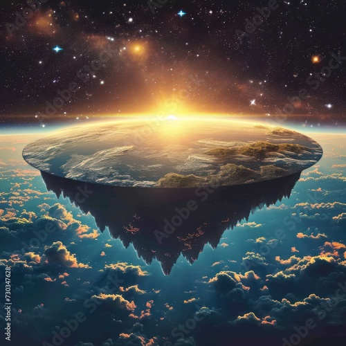 Flat earth theory concept with a cloudy, charming and stunning fantasy appearance complete with winter textures, great for advertising, blogs, social media, etc. Generative Ai