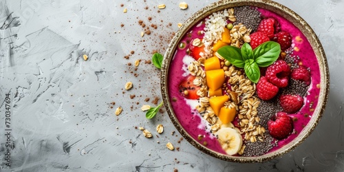 Smoothie bowl, healthy breakfast, rich colors fruit ingredients, overhead angle, a flat lay composition. The bowl is placed on a light grey, textured surface with copy space